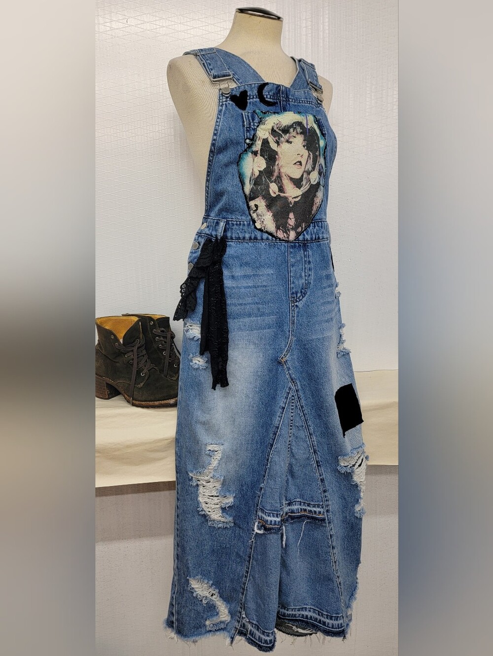 Stevie Nicks Overalls Maxi Dress - Cottage Vamp - Upcycled - Picture 3 of 14